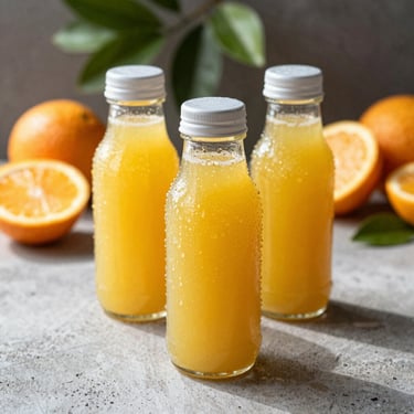 Condensation-beaded raw juice bottles shot on a textured concrete surface in bright natural morning light, with fresh citrus and botanical green leaves in the background.