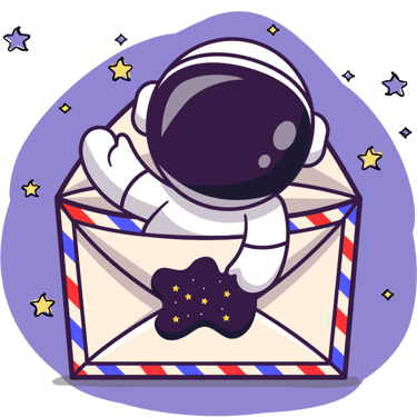 Cute cartoon astronaut popping out of a large envelope and waving.
