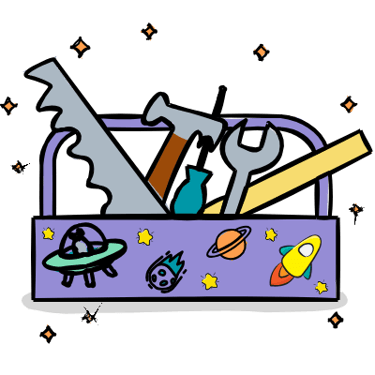 A cartoon toolbox with cosmic stickers.