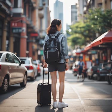Smiling woman stepping out of a sleek black car with a Royal Travels logo.