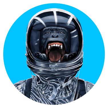 Chimpanzee wearing space helmet, screaming