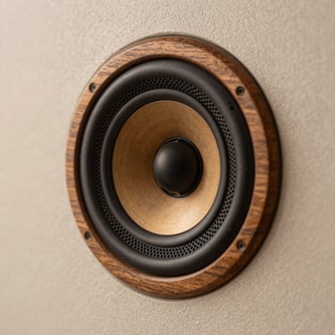 Close-up of a premium walnut speaker grille integrated seamlessly into a soft plaster wall, warm side lighting highlighting the wood grain.