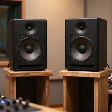 A professional recording studio setup with matte black studio monitors resting on solid oak stands, subtle warm backlighting.