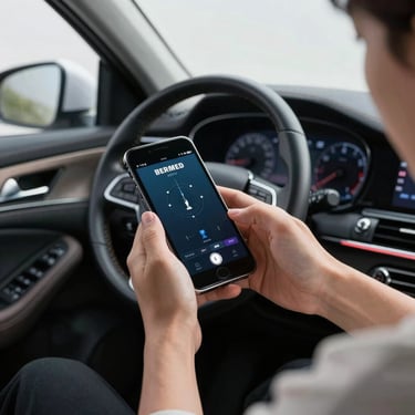 A side-view of a person using a mobile device to follow technical repair steps in a luxury car interior.