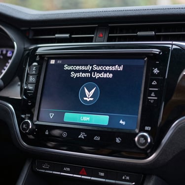 A detailed shot of a car's head unit display showing a successful system update message.