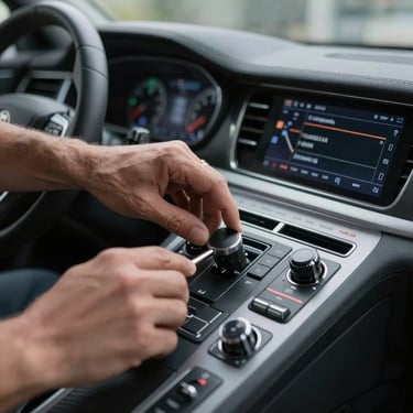 A technician's hand adjusting a sleek, modern dashboard console with professional precision.
