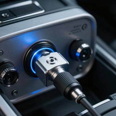 A technical diagnostic tool connected to a car interface, reflecting steel blue ambient light.