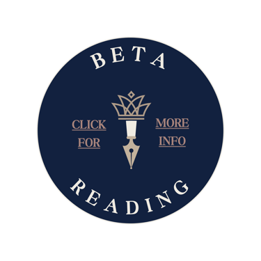 Beta reading logo with fountain pen and crown icon on dark blue circle background.