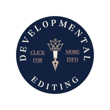Developmental editing badge with a fountain pen icon and a crown on a navy blue circle.