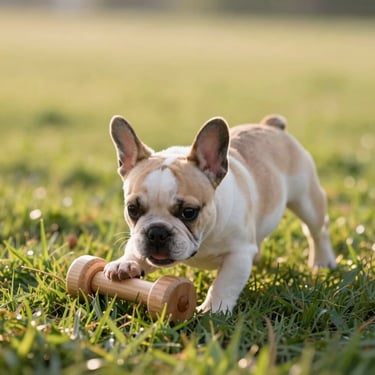 Fawn French Bulldog puppy playing with a wooden toy on green grass, soft morning light
