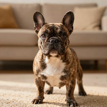 Brindle French Bulldog puppy looking up with bright eyes, cozy living room setting, warm editorial style