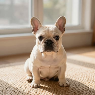 Cream French Bulldog puppy sitting on a soft woven rug, natural window light, shallow depth of field