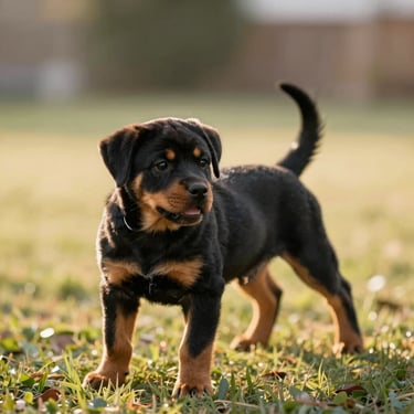 Rottweiler puppy playing with a family member in a warm backyard, natural light, shallow depth of field