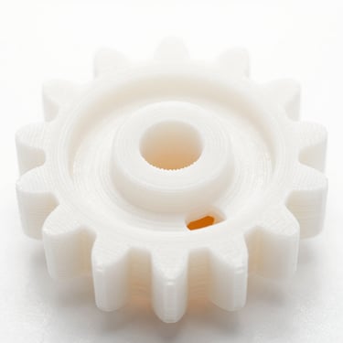 Extreme macro shot of a flawless 3D printed mechanical gear, ultra-clean layers, crisp studio light, white background