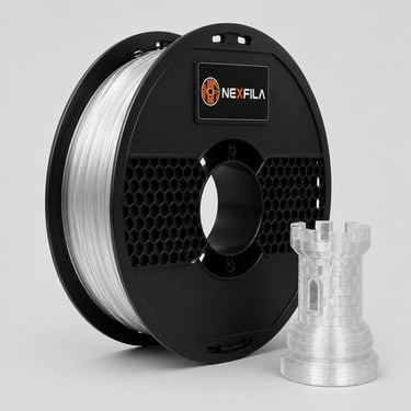 NEXFILA Crystal PLA+ transparent 3D printer filament spool for crystal-clear, high-quality 3D prints
