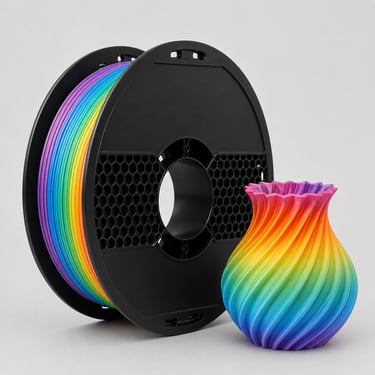NEXFILA Rainbow PLA+ multicolor gradient 3D printer filament spool for colourful artistic prints.