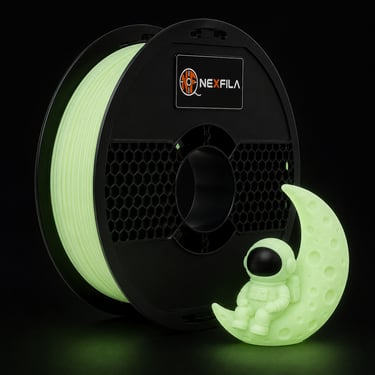 NEXFILA Glow in the Dark PLA+ luminous 3D printer filament spool for glowing creative 3D prints.