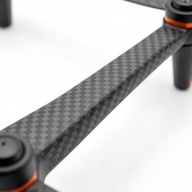 Close-up of a high-speed carbon fiber drone arm print, matte black texture, extreme detail, bright high-key lighting