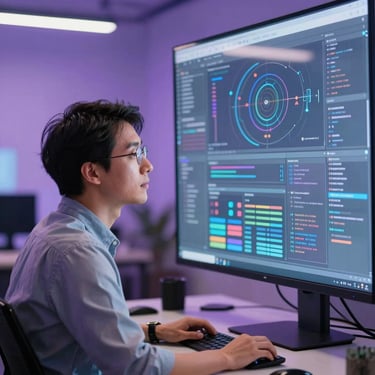 A creative director in a high-tech North American workspace, looking at a large glass screen with digital graphics, soft purple and blue ambient lighting.