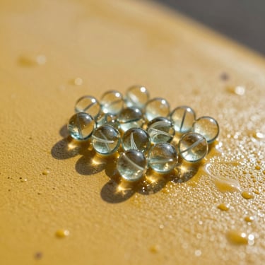 Tight macro shot of glass beads reflecting bright light, freshly embedded in wet yellow traffic paint.
