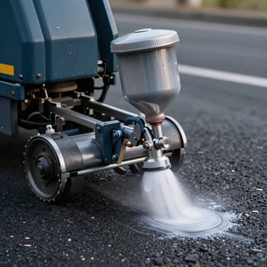 Close-up of a heavy-duty self-propelled striping machine spray gun applying high-build thermoplastic paint to dark asphalt.