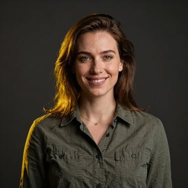 Portrait of a female graphic designer in a dark studio with subtle yellow rim lighting, smiling, professional.