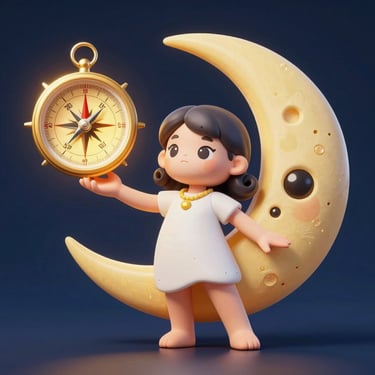 Clean vector mockup of the comic-style Losna moon goddess mascot holding a glowing yellow compass, deep midnight-blue background.