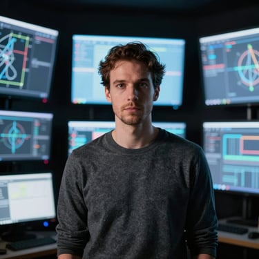Portrait of a male visual artist surrounded by glowing digital screens in a dark room, creative atmosphere.