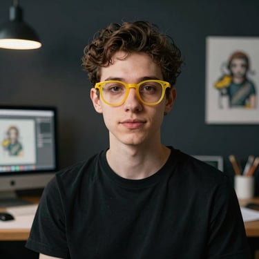 Portrait of a non-binary digital illustrator with yellow glasses in a dark creative workspace.