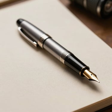 Close-up of a high-quality fountain pen resting on heavy textured paper, soft shadows, warm natural light, premium corporate ambiance.