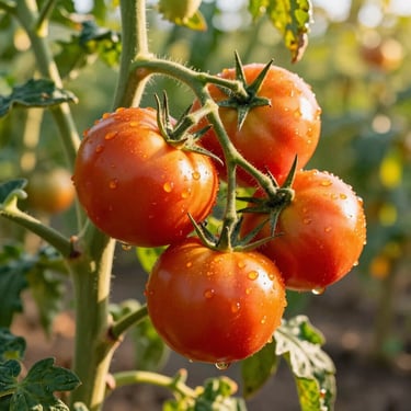 Plump ripe red tomatoes on the vine in a sun-drenched field, water droplets visible, vibrant editorial photography