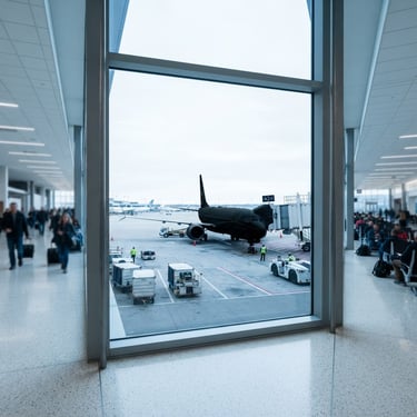A bright, clean airport terminal window overlooking a modern airplane silhouette on the tarmac, cool daylight tones, sharp focus, professional travel photography