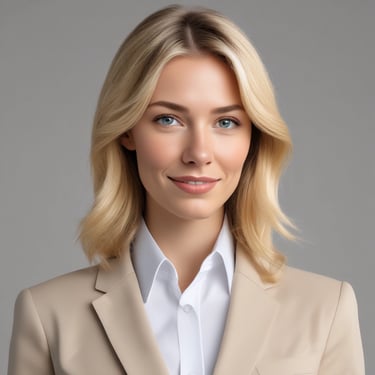 Professional businesswoman smiling confidently in an office setting.