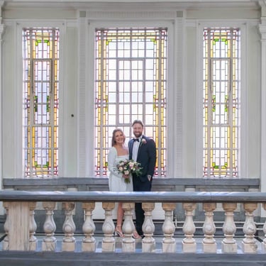 wedding couple standing in Islington Town Hall