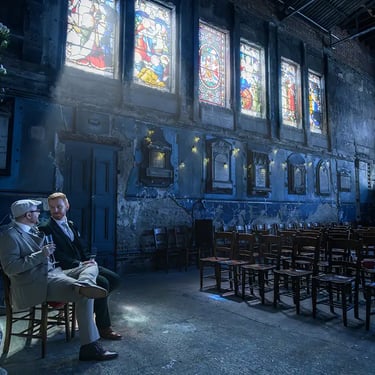 same-sex couple taking a moment to relax after their wedding at The Asylum Chapel Peckham
