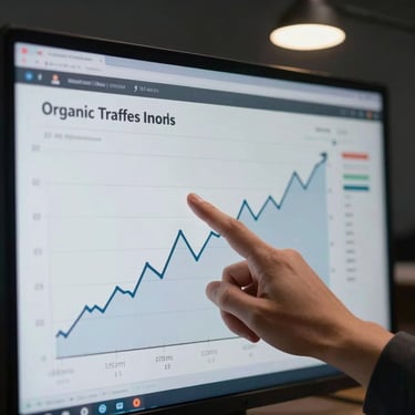 Tight close-up of a hand pointing at a rising line graph on a monitor screen showing organic traffic growth over 12 months, dark studio environment, sharp focus on the screen data, single overhead light source