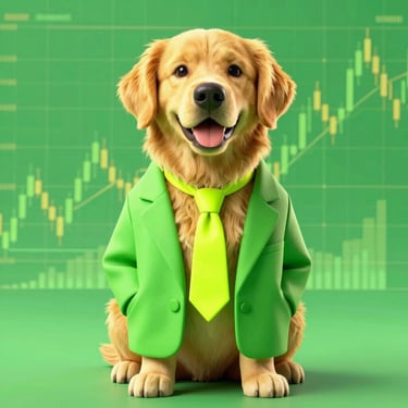 A 3D render of a golden retriever wearing a bright neon tie and oversized blazer, retro stock chart background