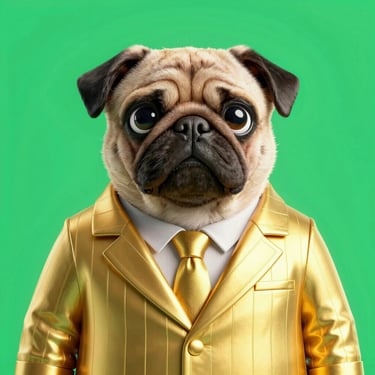 A 3D render of a fierce pug wearing an oversized pinstripe suit, neon gold lighting, high contrast