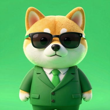 A 3D render of a cool shiba inu wearing retro sunglasses and a double-breasted corporate suit, neon green glow