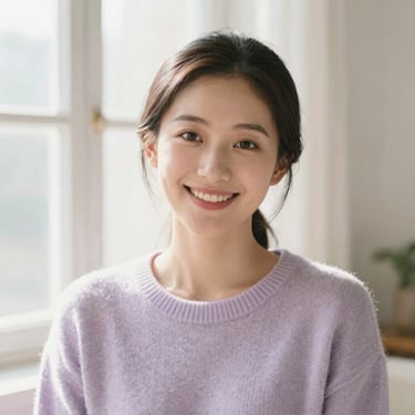 A warm, smiling woman with kind eyes in a bright, sunlit room, wearing a soft pastel sweater, friendly eye-level portrait, 35mm
