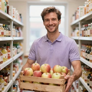 A friendly man with a warm smile in a clean, organized pantry space, holding a crate of fresh apples, natural light, 35mm