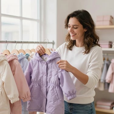 A warm, cheerful woman sorting beautiful children's coats in a bright boutique setting, soft natural lighting, 35mm