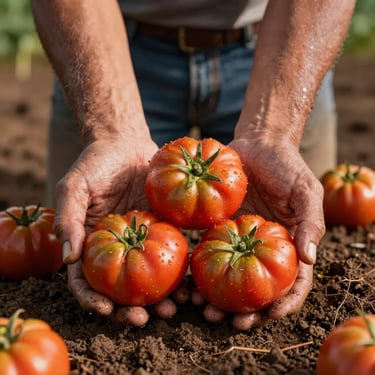 Mãos calejadas de um produtor rural segurando tomates heirloom recém-colhidos, cobertos por uma fina camada de terra úmida, sob luz natural de fim de tarde.