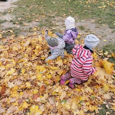 Vaikai žaidžia su lapais lauke - Klaipėdos Valdorfo darželis