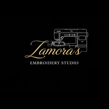 Zamora's Embroidery Studio logo featuring a Brother sewing machine line drawing on a black background.