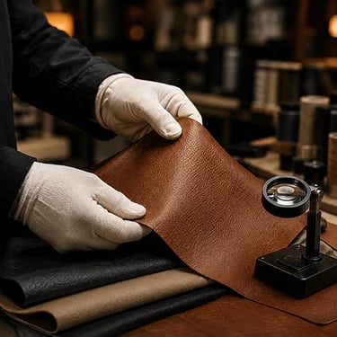 SY leather workers are inspecting leather samples.