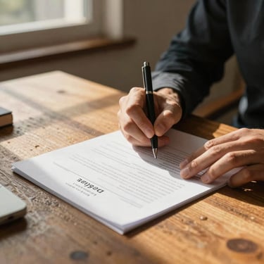 Close-up of hands signing an insurance contract on a rustic wooden desk, warm golden-hour light filtering through a window.