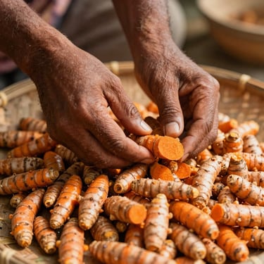 Hands of a Kerala farmer gently sorting bright orange fresh turmeric rhizomes under soft, diffused morning sunlight, natural textures