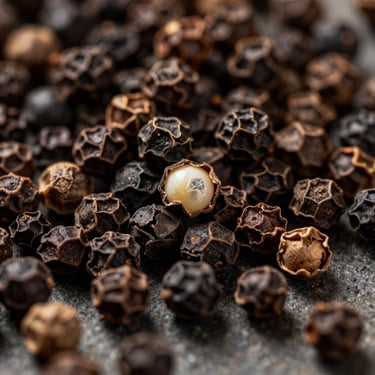 Macro shot of whole black peppercorns spilling onto a dark stone surface, some cracked open to reveal rich white and grey inner textures, warm side lighting
