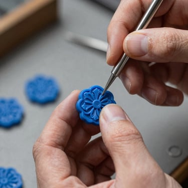 Macro shot of an artisan's hands meticulously carving an intricate floral pattern into blue jeweler's wax